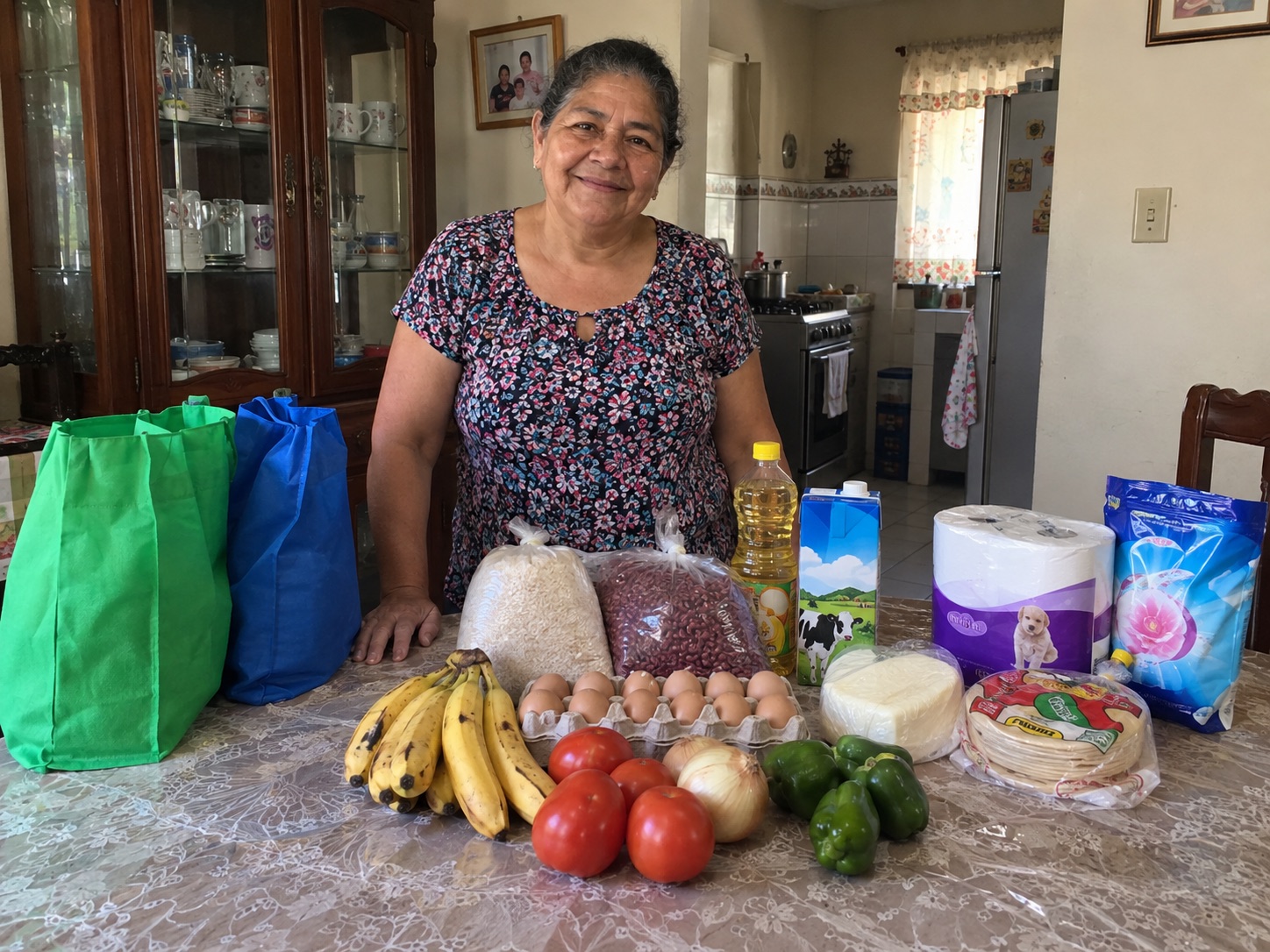 An older mother proudly showing the neatly arranged groceries and household essentials she received